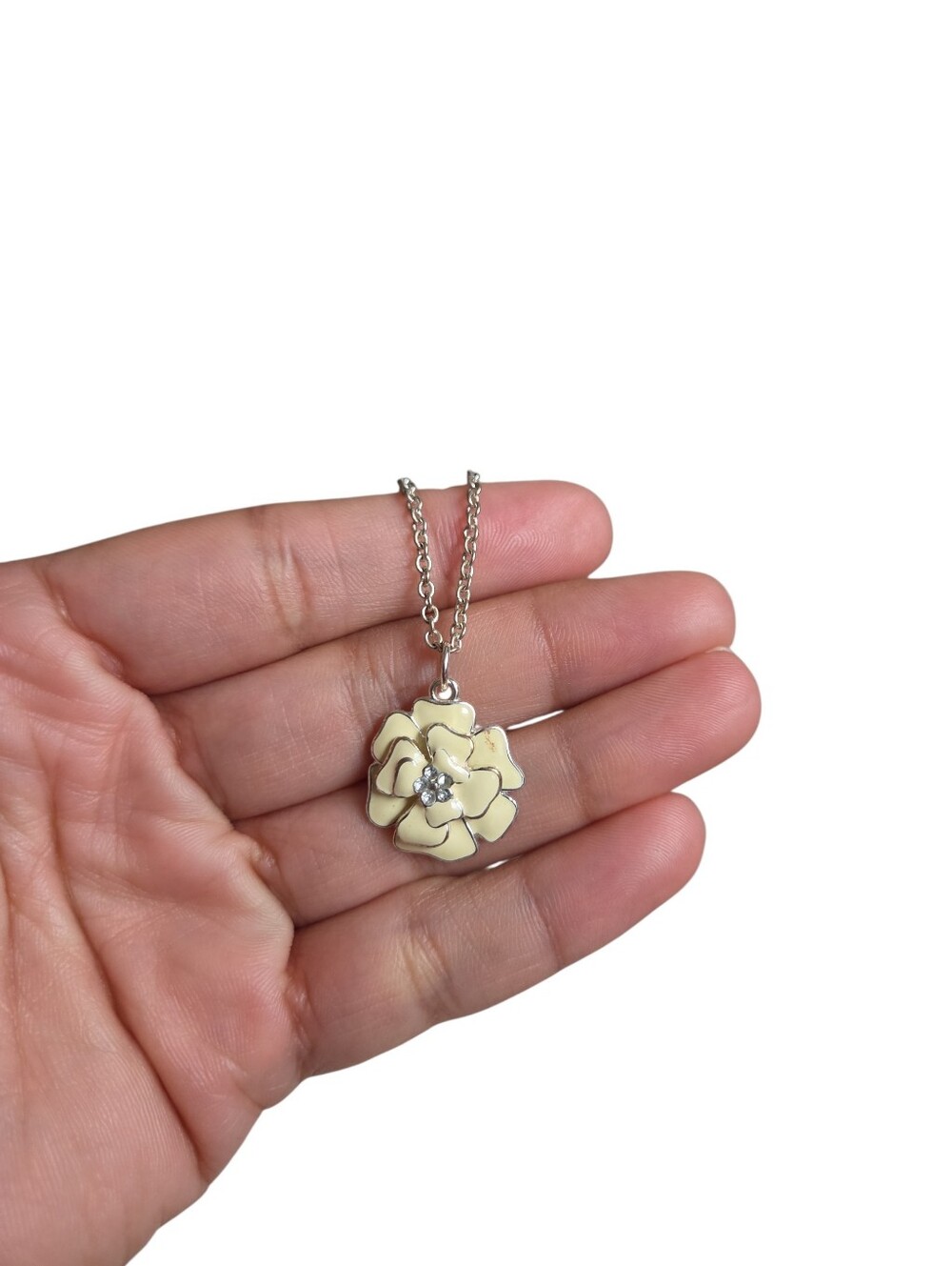 Silver Toned Cream Enamel Floral Pendant Necklace 17" - Picture 2 of 2